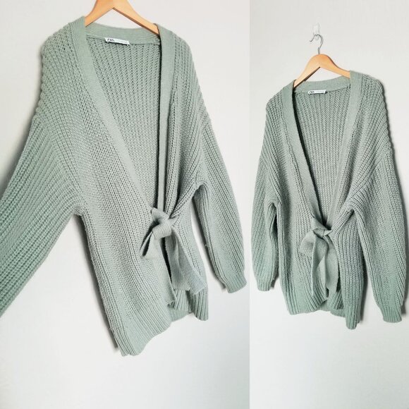ZARA Sage Green Knit Wrap Tie Belt Cardigan M Sweater Chunky Knit Cozy Soft Long - Picture 7 of 16